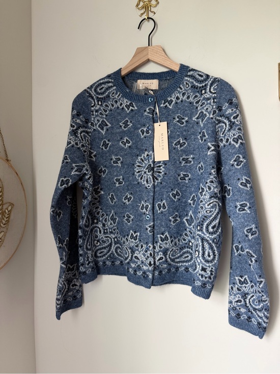 Marbled Sweaters - Blue white Paisley Knit Button Front Cardigan